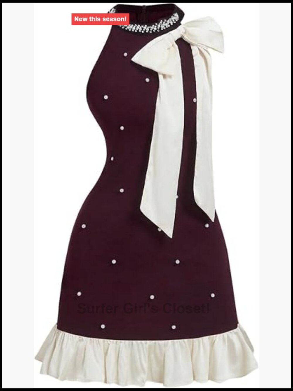 Halter Neck Bowknot Pearl Mini Dress Ruffle Hem Party Club A-Line Sleeveless